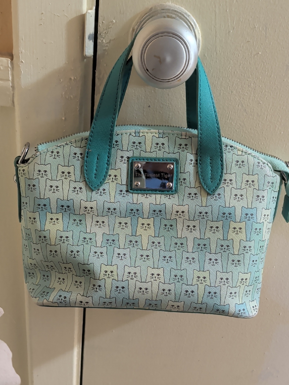 Teal Cat Print Top-Handle Bag